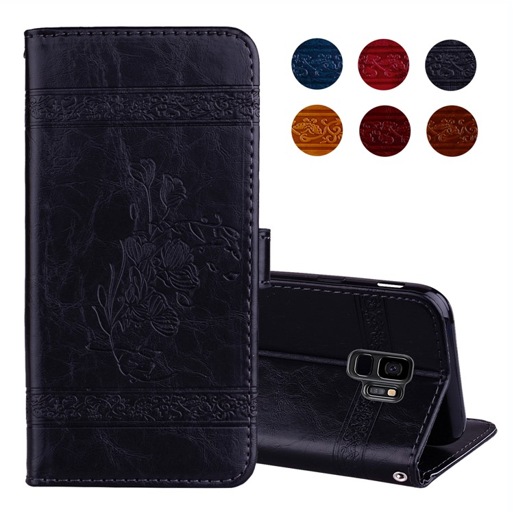 Imprinted Flower Oil Wax Leather Wallet Stand Case for Samsung Galaxy S9 G960 - Black-1