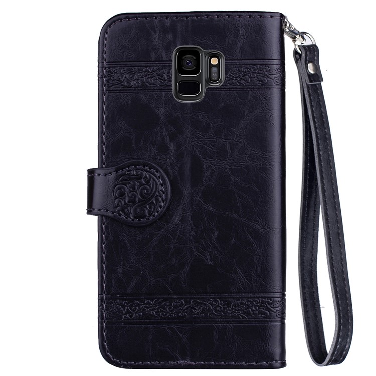 Imprinted Flower Oil Wax Leather Wallet Stand Case for Samsung Galaxy S9 G960 - Black-3