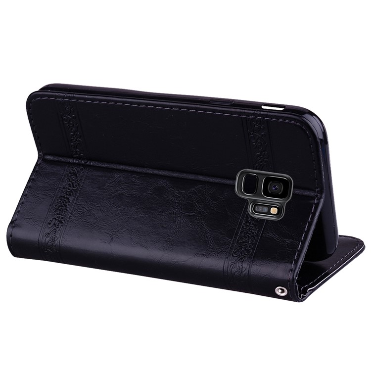 Imprinted Flower Oil Wax Leather Wallet Stand Case for Samsung Galaxy S9 G960 - Black-5