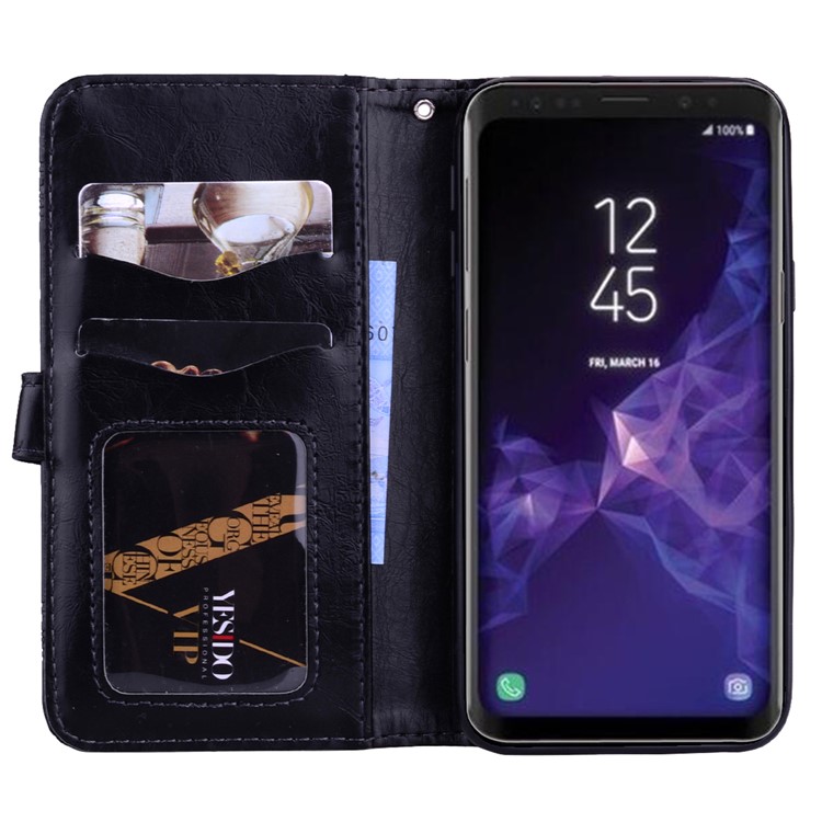 Imprinted Flower Oil Wax Leather Wallet Stand Case for Samsung Galaxy S9 G960 - Black-6