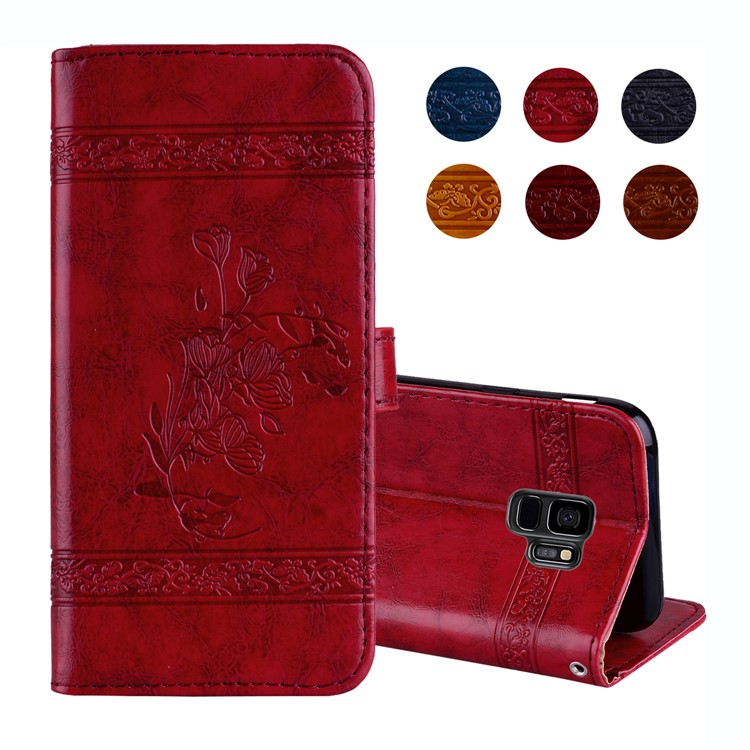 Imprinted Flower Oil Wax Leather Wallet Stand Cover for Samsung Galaxy S9 G960 - Red-1