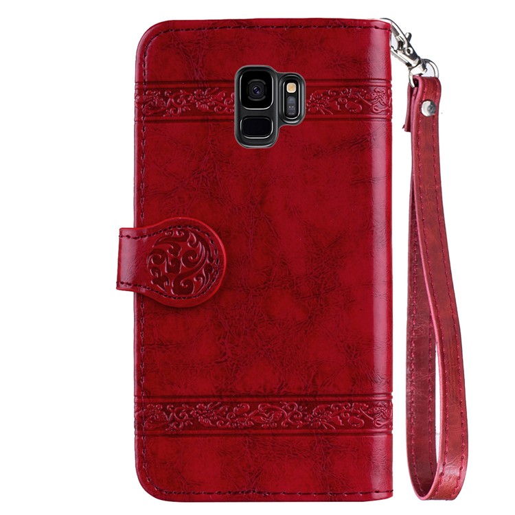 Imprinted Flower Oil Wax Leather Wallet Stand Cover for Samsung Galaxy S9 G960 - Red-3