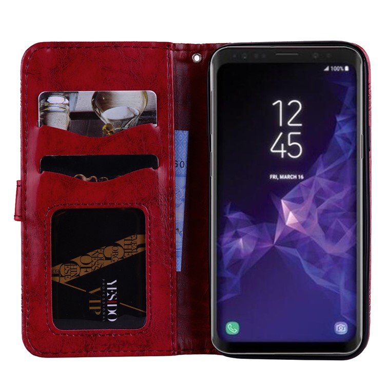 Imprinted Flower Oil Wax Leather Wallet Stand Cover for Samsung Galaxy S9 G960 - Red-6