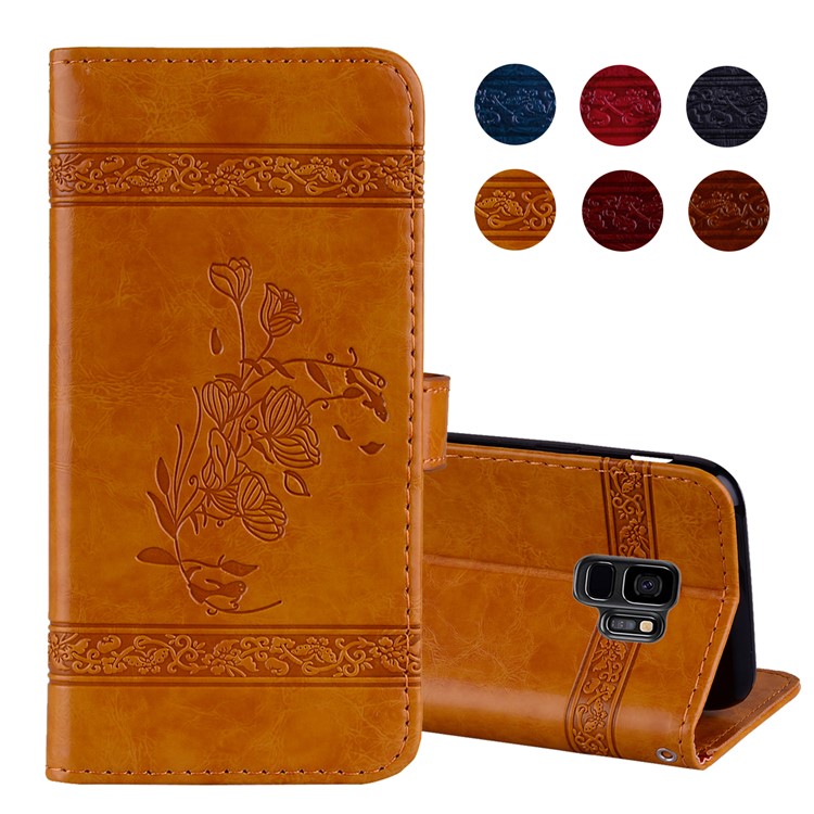 Imprinted Flower Oil Wax Leather Mobile Phone Cover Case for Samsung Galaxy S9 G960 - Yellow-1