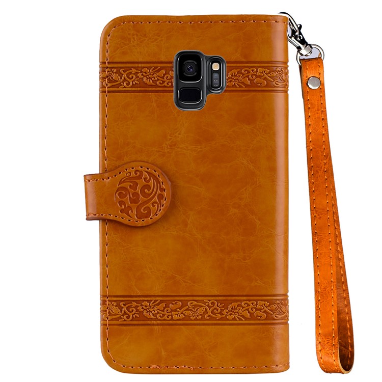 Imprinted Flower Oil Wax Leather Mobile Phone Cover Case for Samsung Galaxy S9 G960 - Yellow-3