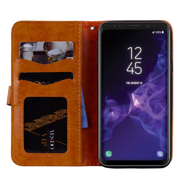 Imprinted Flower Oil Wax Leather Mobile Phone Cover Case for Samsung Galaxy S9 G960 - Yellow-6