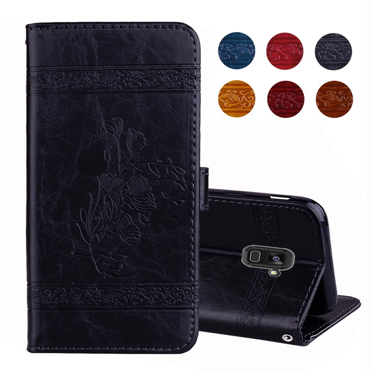 Imprinted Flower Oil Wax Wallet Leather Case for Samsung Galaxy A8 (2018) - Black-1