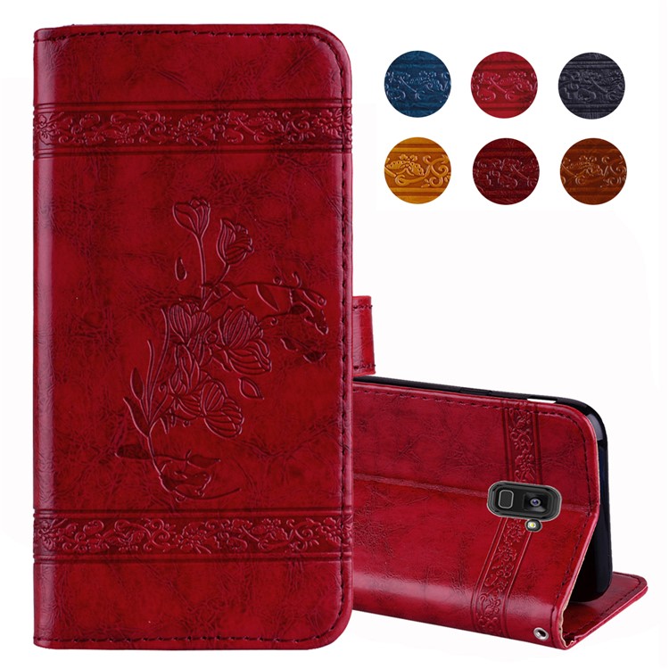 Imprinted Flower Oil Wax Wallet Leather Cover for Samsung Galaxy A8 (2018) - Red-1