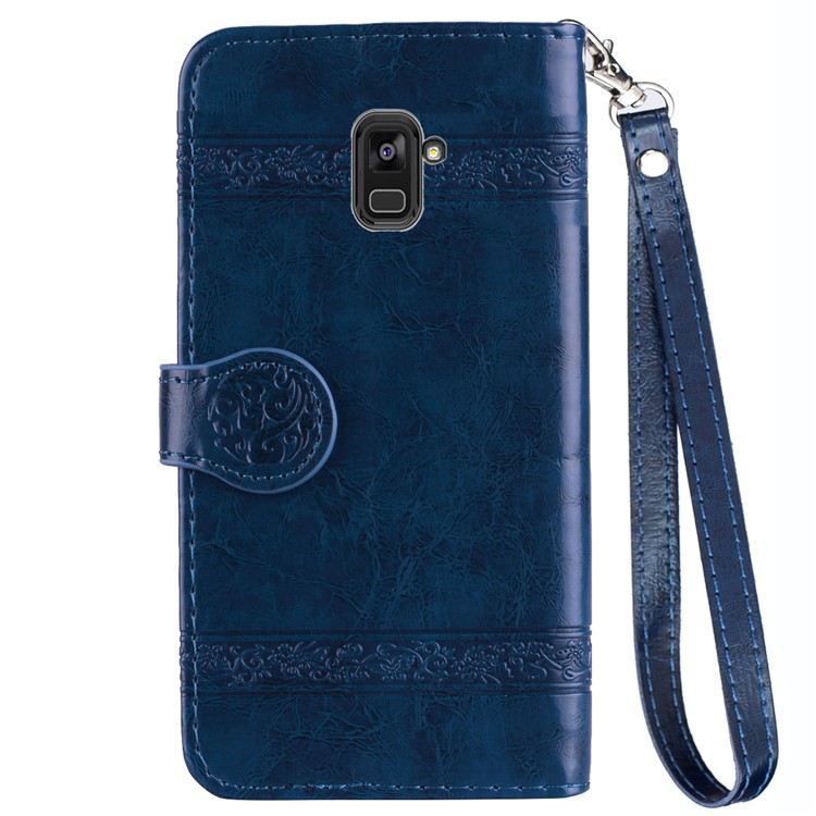 Imprinted Flower Oil Wax Wallet Leather Cellphone Case for Samsung Galaxy A8 (2018) - Dark Blue-3