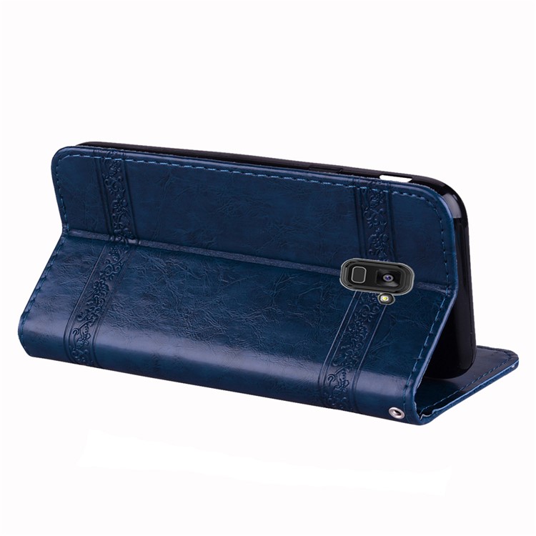 Imprinted Flower Oil Wax Wallet Leather Cellphone Case for Samsung Galaxy A8 (2018) - Dark Blue-5