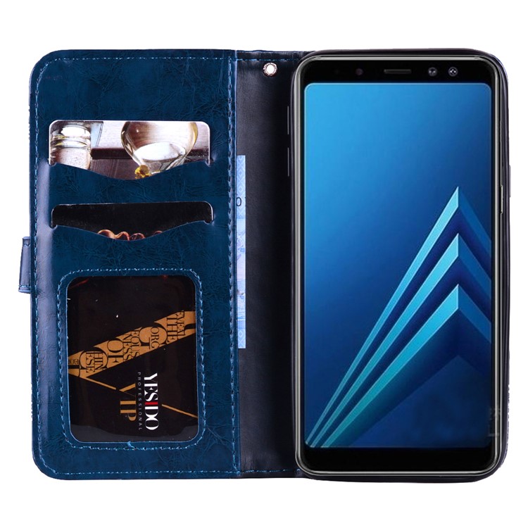 Imprinted Flower Oil Wax Wallet Leather Cellphone Case for Samsung Galaxy A8 (2018) - Dark Blue-6