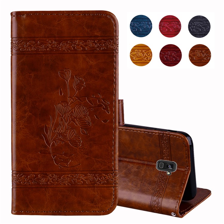 Imprinted Flower Oil Wax Wallet Leather Cover Case for Samsung Galaxy A8 (2018) - Brown-1