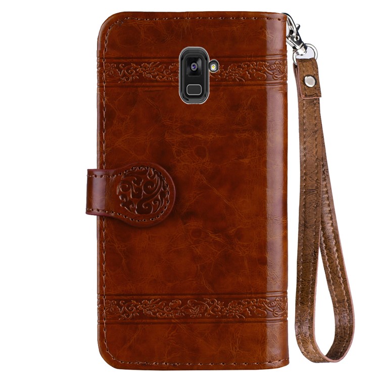 Imprinted Flower Oil Wax Wallet Leather Cover Case for Samsung Galaxy A8 (2018) - Brown-3