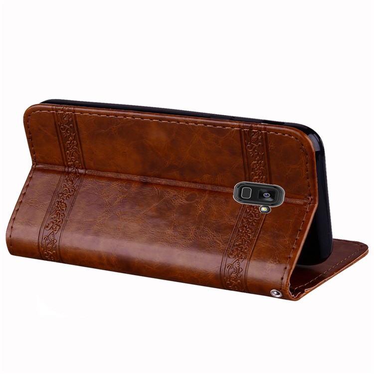 Imprinted Flower Oil Wax Wallet Leather Cover Case for Samsung Galaxy A8 (2018) - Brown-5