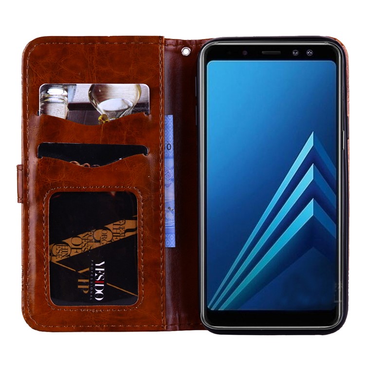 Imprinted Flower Oil Wax Wallet Leather Cover Case for Samsung Galaxy A8 (2018) - Brown-6