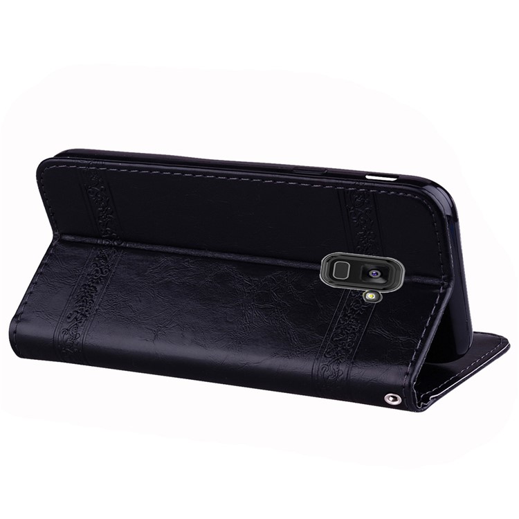 Imprinted Flower Oil Wax Wallet Leather Case for Samsung Galaxy A8 Plus (2018) - Black-5