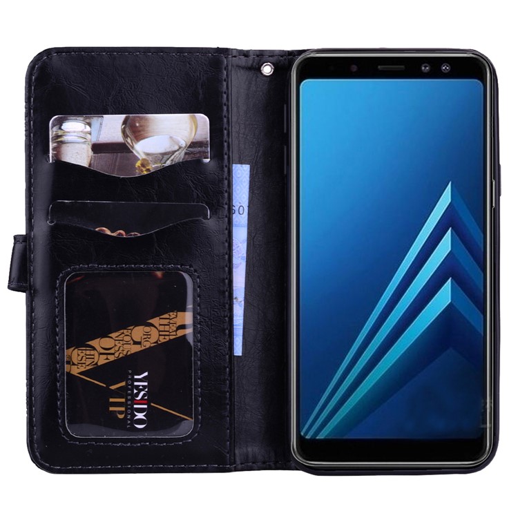 Imprinted Flower Oil Wax Wallet Leather Case for Samsung Galaxy A8 Plus (2018) - Black-6