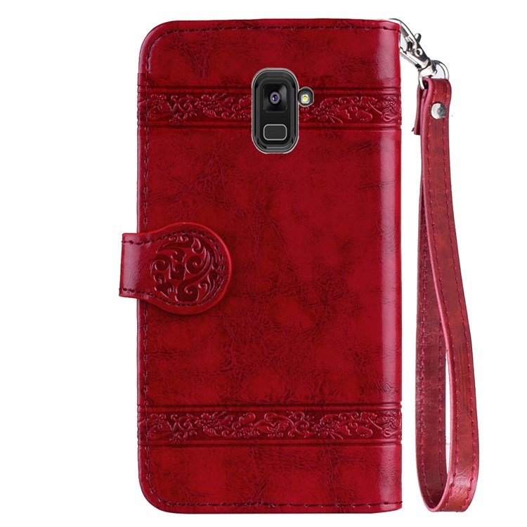 Imprinted Flower Oil Wax Wallet Leather Mobile Phone Case for Samsung Galaxy A8 Plus (2018) - Red-3