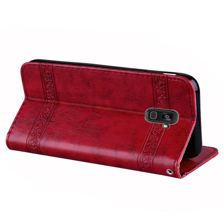 Imprinted Flower Oil Wax Wallet Leather Mobile Phone Case for Samsung Galaxy A8 Plus (2018) - Red-5