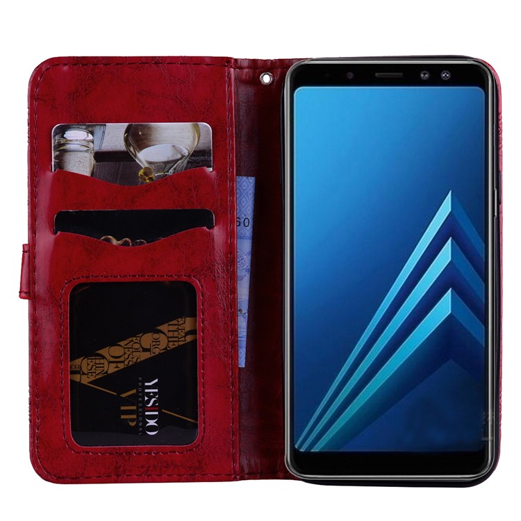 Imprinted Flower Oil Wax Wallet Leather Mobile Phone Case for Samsung Galaxy A8 Plus (2018) - Red-6