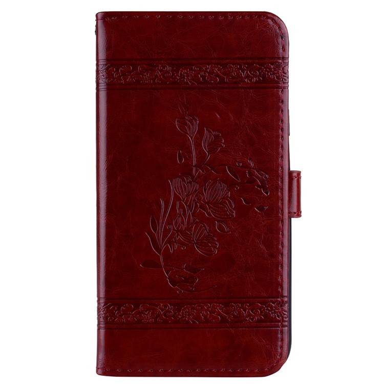 Imprinted Flower Oil Wax Wallet Leather Cell Phone Case for Samsung Galaxy A8 Plus (2018) - Wine Red-2