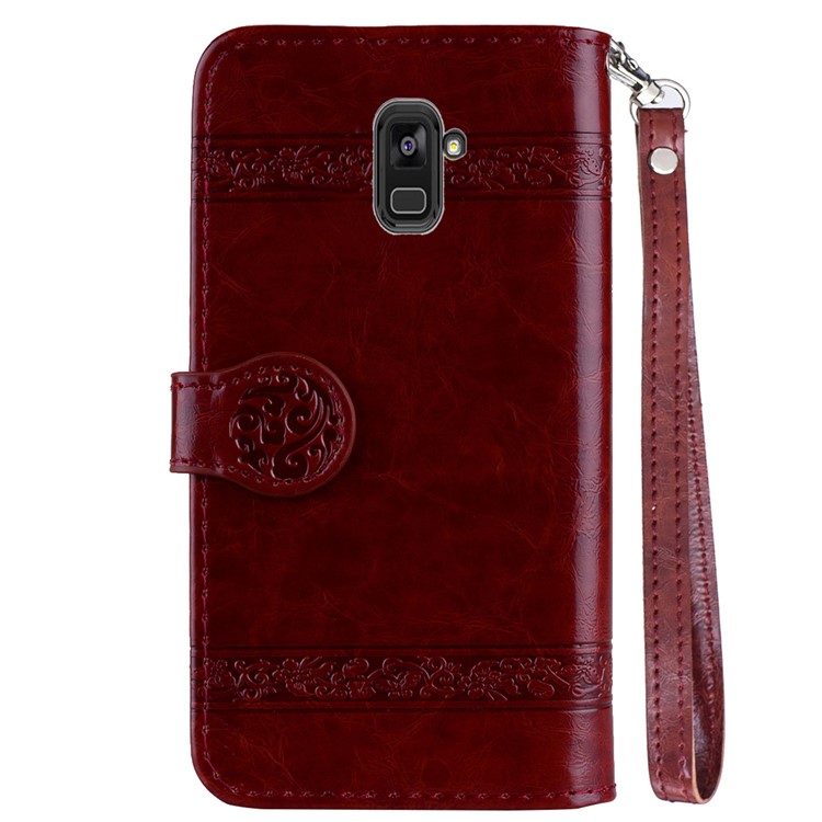 Imprinted Flower Oil Wax Wallet Leather Cell Phone Case for Samsung Galaxy A8 Plus (2018) - Wine Red-3