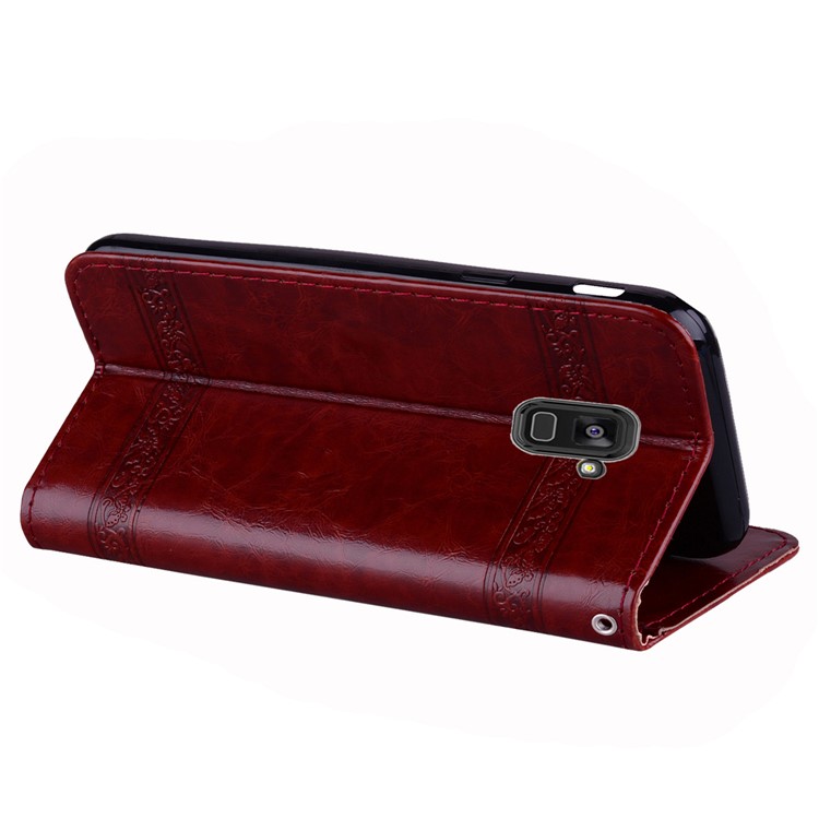 Imprinted Flower Oil Wax Wallet Leather Cell Phone Case for Samsung Galaxy A8 Plus (2018) - Wine Red-5