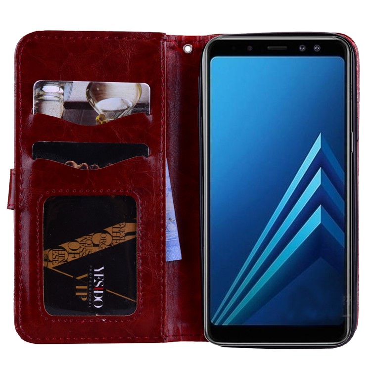 Imprinted Flower Oil Wax Wallet Leather Cell Phone Case for Samsung Galaxy A8 Plus (2018) - Wine Red-6