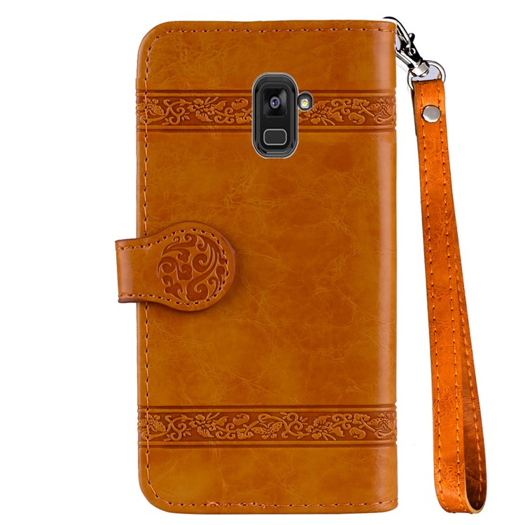 Imprinted Flower Oil Wax Wallet Leather Cell Phone Cover for Samsung Galaxy A8+ (2018) - Yellow-3