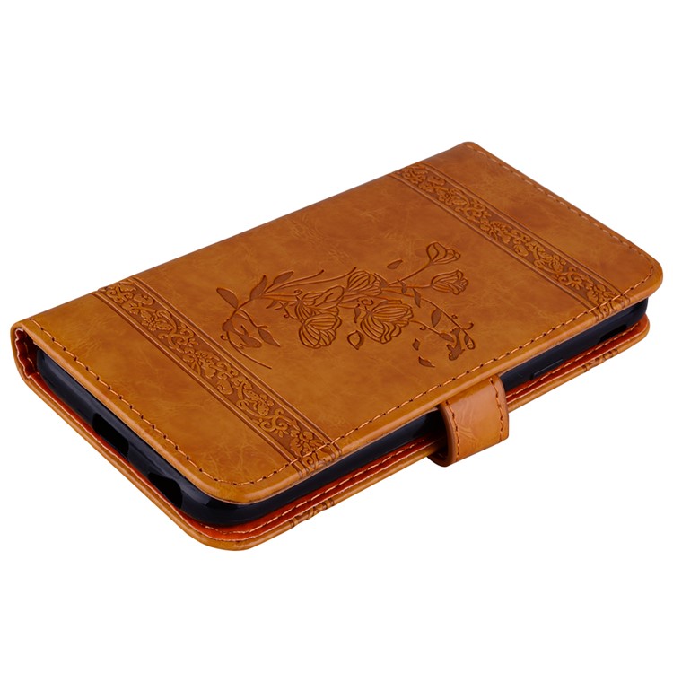 Imprinted Flower Oil Wax Wallet Leather Cell Phone Cover for Samsung Galaxy A8+ (2018) - Yellow-4