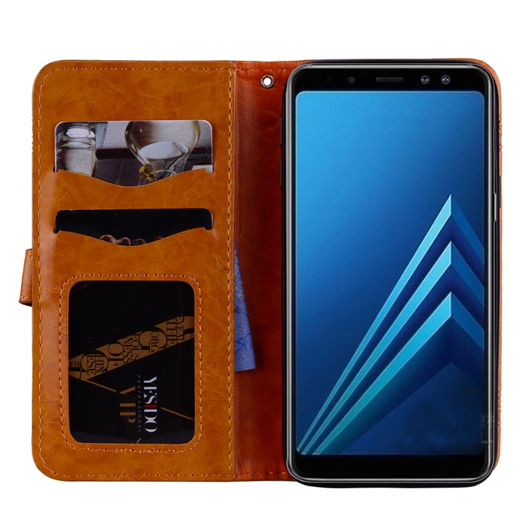 Imprinted Flower Oil Wax Wallet Leather Cell Phone Cover for Samsung Galaxy A8+ (2018) - Yellow-6