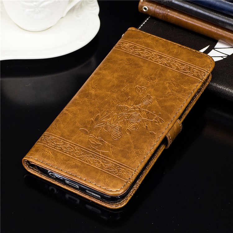 Imprinted Flower Oil Wax Wallet Leather Cell Phone Cover for Samsung Galaxy A8+ (2018) - Yellow-7