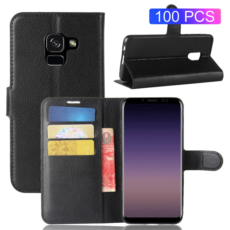100Pcs/Set Litchi Grain Wallet Stand Leather Case for Samsung Galaxy A8 (2018) - Black-1