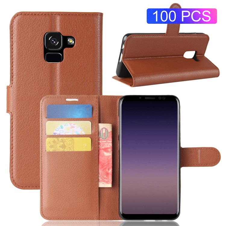 100Pcs/Set Litchi Grain Wallet Stand Leather Cover for Samsung Galaxy A8 (2018) - Brown-1