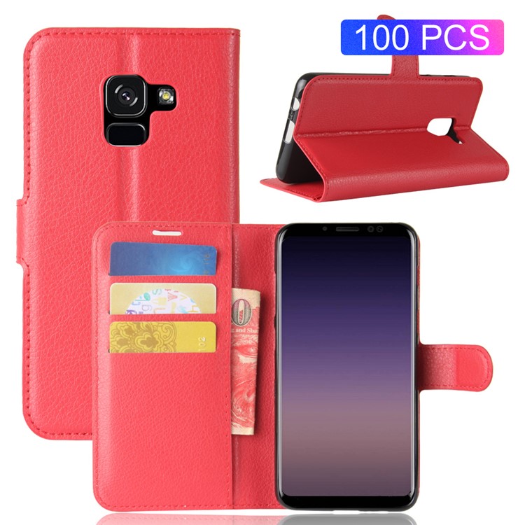 100Pcs/Set Litchi Grain Wallet Stand Leather Shell for Samsung Galaxy A8 (2018) - Red-1