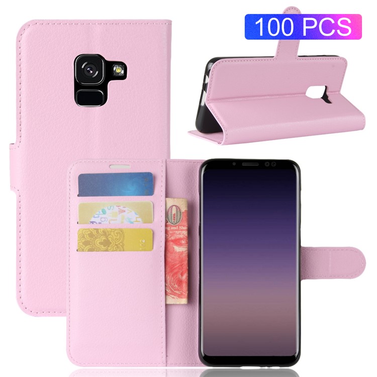 100Pcs/Set Litchi Texture Wallet Stand Leather Case for Samsung Galaxy A8 (2018) - Pink-1