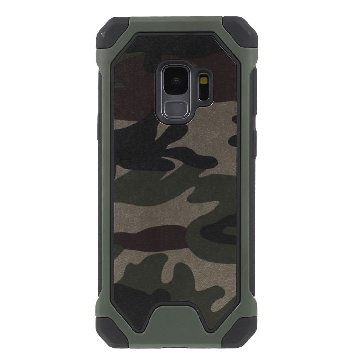 Accessoire De Boîtier Hybride PC TPU Enduit De Cuir Camouflage Pour Samsung Galaxy S9 G960 - Armée Verte-1