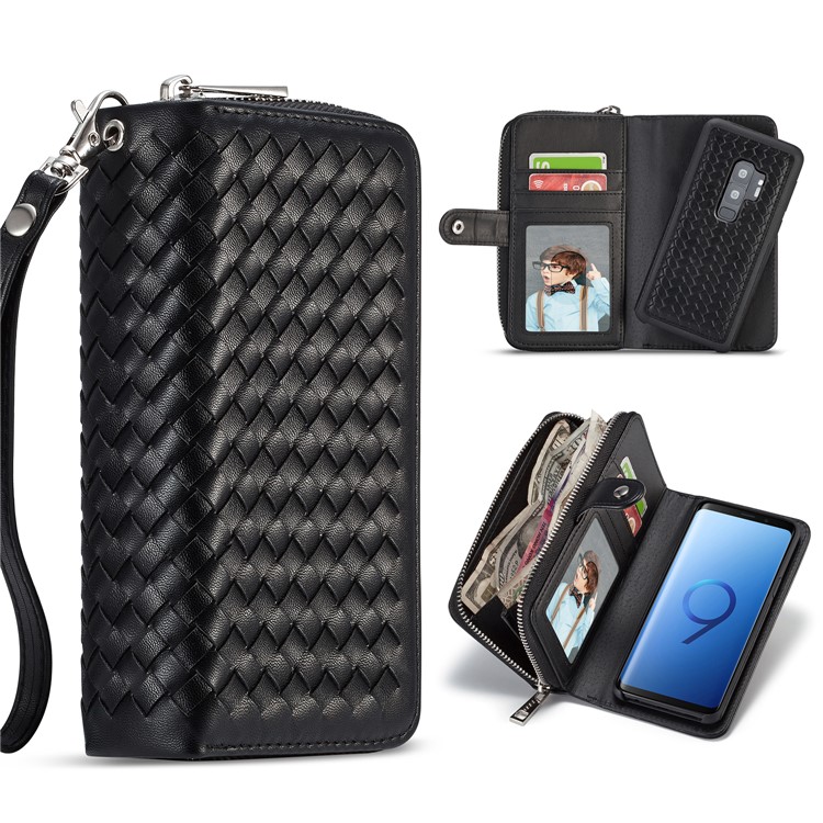 Woven Texture Detachable 2-in-1 Zipper Wallet Leather Phone Casing for Samsung Galaxy S9+ SM-G965 - Black-1