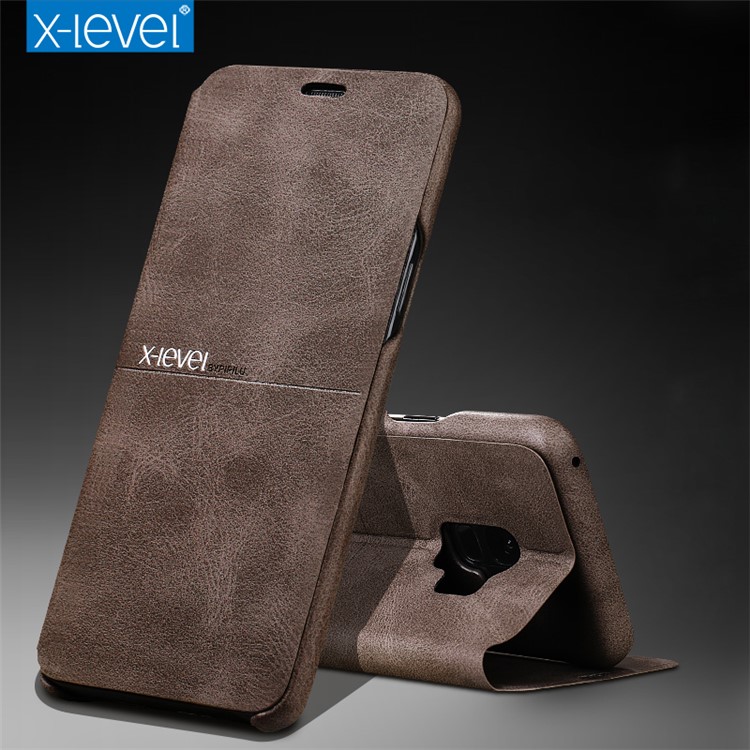 X-LEVEL Stand Leather Phone Folio Cover Case for Samsung Galaxy S9 G960 - Coffee-2