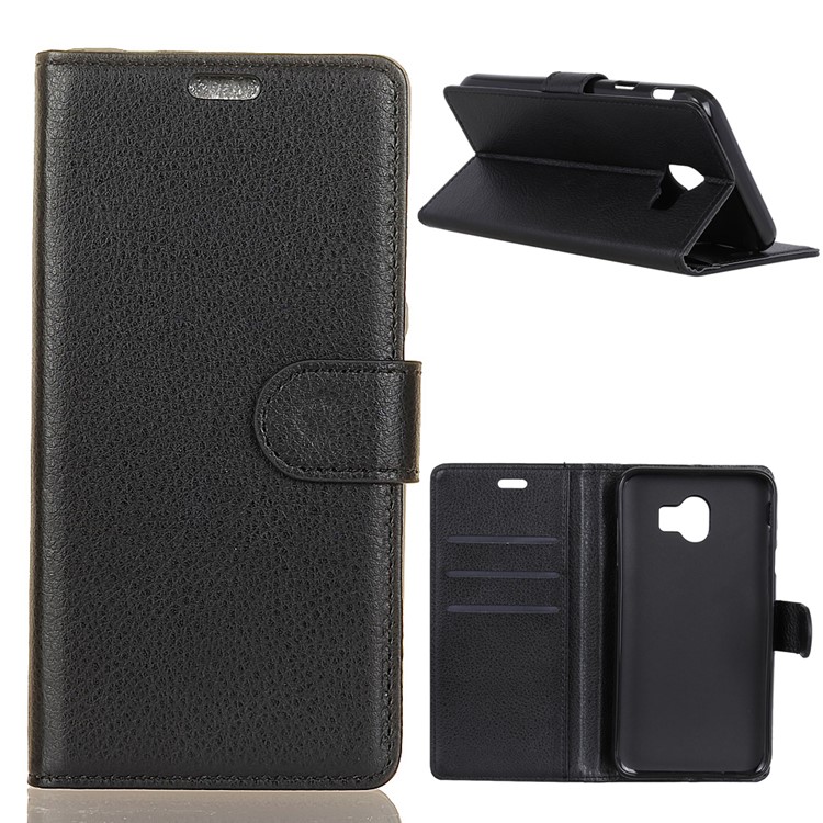 Litchi Skin Wallet Leather Stand Case for Samsung Galaxy J4 (2018) - Black-1
