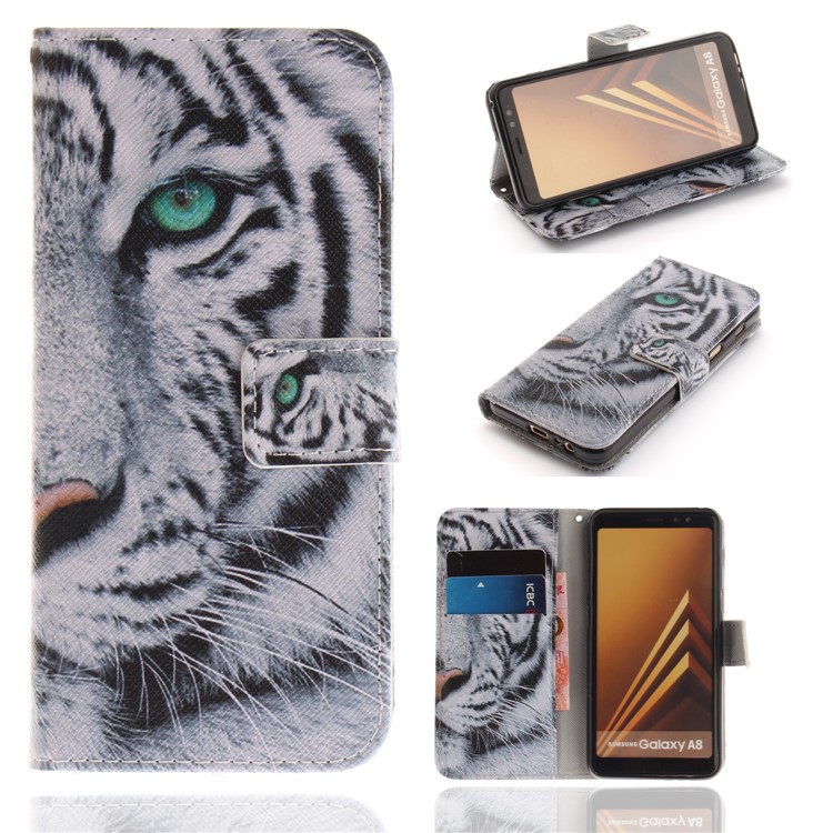 

Patterned Wallet Stand PU Leather Cover Case for Samsung Galaxy A8 (2018) - Tiger with Green Eye