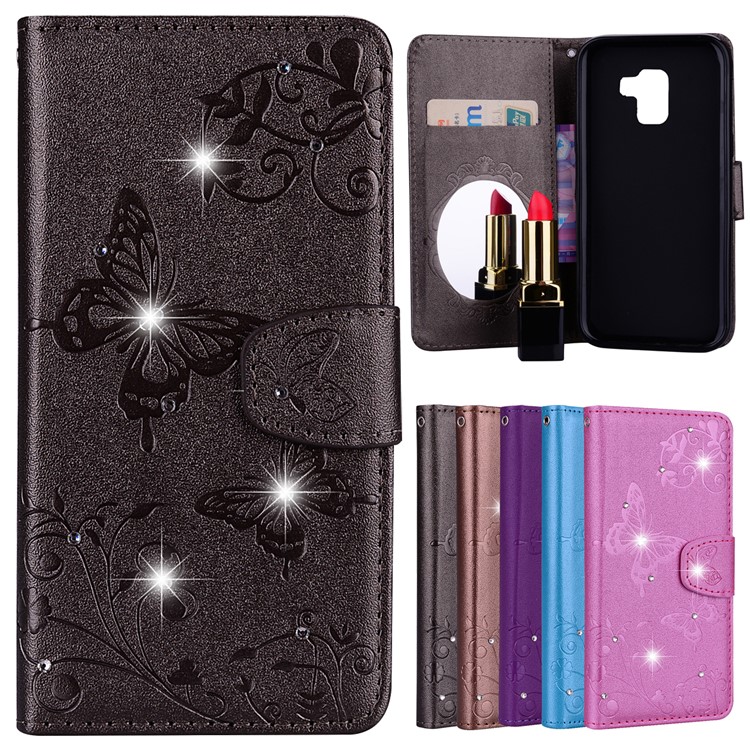 Imprinted Butterfly Flower Pattern Rhinestone Leather Wallet Case for Samsung Galaxy A8 (2018) - Black-1
