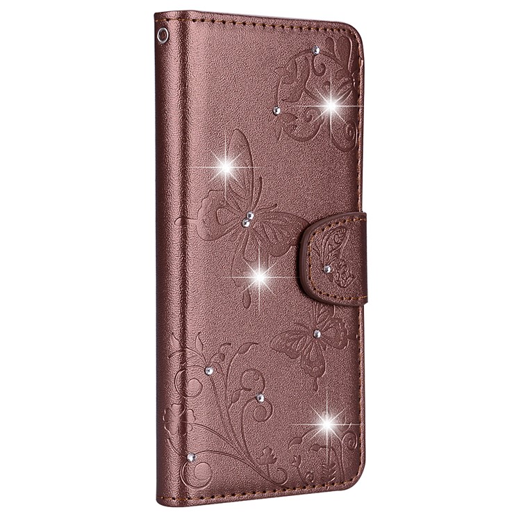 Imprinted Butterfly Flower Pattern Rhinestone PU Leather Wallet Case for Samsung Galaxy A8 (2018) - Brown-3