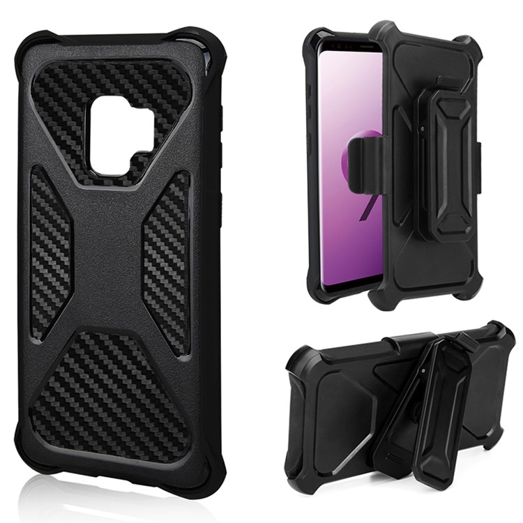 For Samsung Galaxy S9 SM-G960 Heavy Duty Belt Clip Carbon Fiber Texture PC + TPU Hybrid Kickstand Case - Black-1