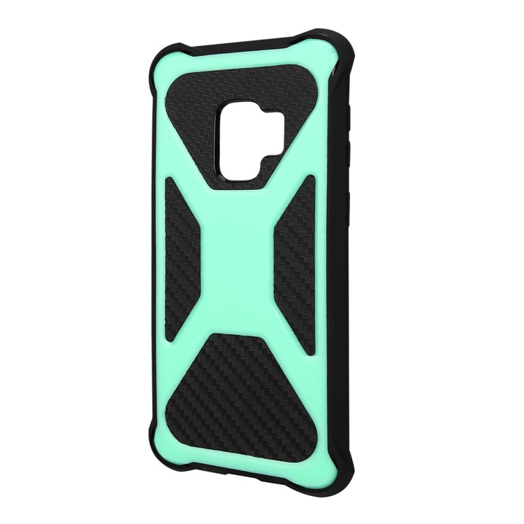 For Samsung Galaxy S9 SM-G960 Heavy Duty Belt Clip Carbon Fiber Texture PC + TPU Hybrid Kickstand Phone Casing - Cyan-2