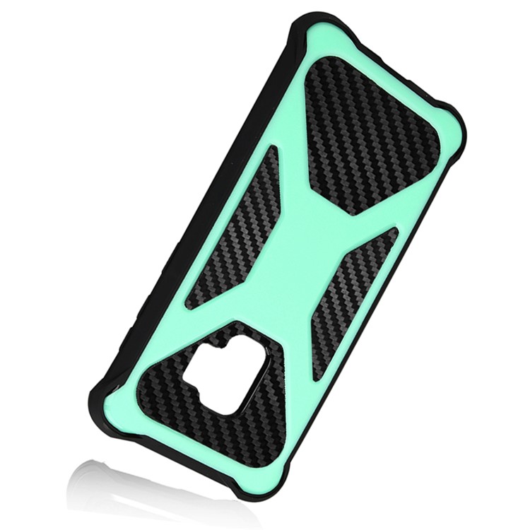 For Samsung Galaxy S9 SM-G960 Heavy Duty Belt Clip Carbon Fiber Texture PC + TPU Hybrid Kickstand Phone Casing - Cyan-3