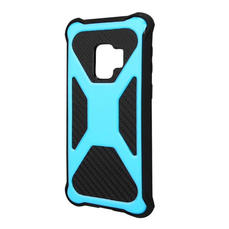 For Samsung Galaxy S9 SM-G960 Heavy Duty Belt Clip Carbon Fiber Texture PC + TPU Hybrid Kickstand Back Case - Baby Blue-2