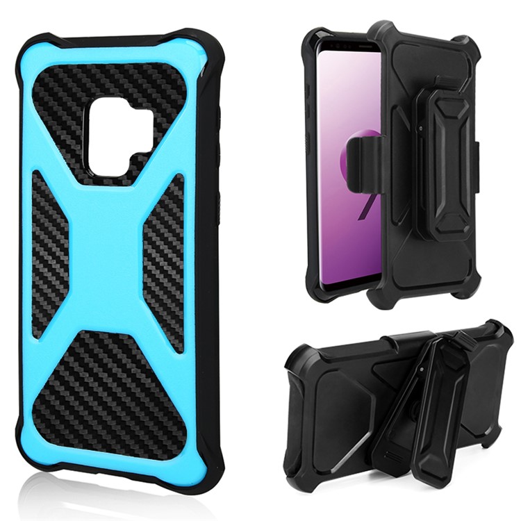 

Heavy Duty Belt Clip Carbon Fiber Texture PC + TPU Kickstand Hybrid Cover for Samsung Galaxy S9 Plus G965 - Baby Blue