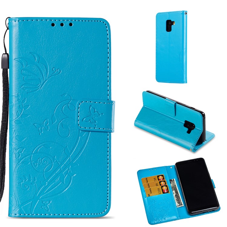 

Imprint Butterfly Flower Pattern Stand Leather Wallet Phone Case for Samsung Galaxy A8 (2018) - Blue