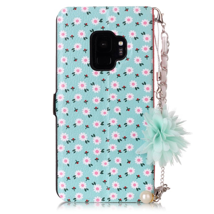 Flower Pattern PU Leather Shell + Metal Chain for Samsung Galaxy S9 SM-G960 - Fresh White Flowers-2
